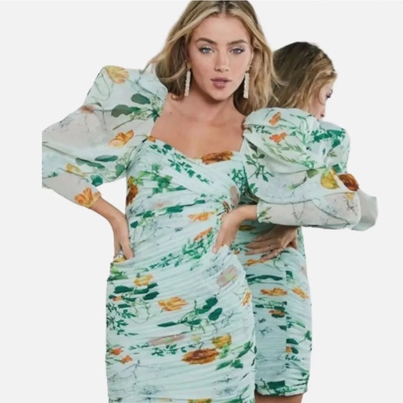 ASOS Edition Ruched Mini Dress With Puff Sleeves Size 0 - Picture 2 of 9